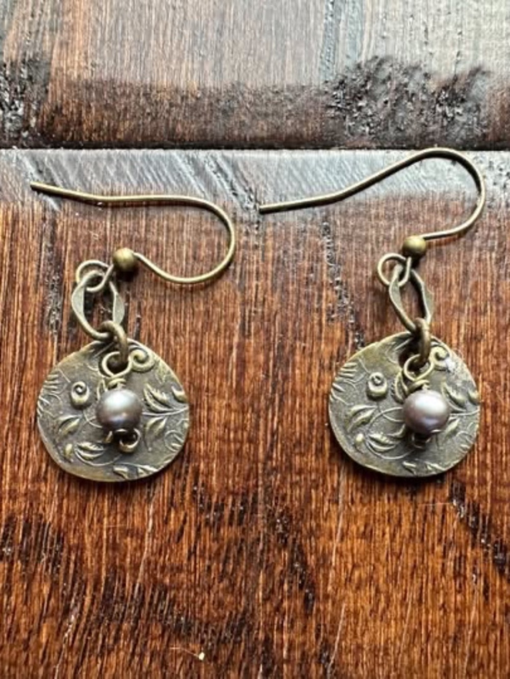 Floral Design Embossed Metal Drop Earrings w/ Small Pearl Bead